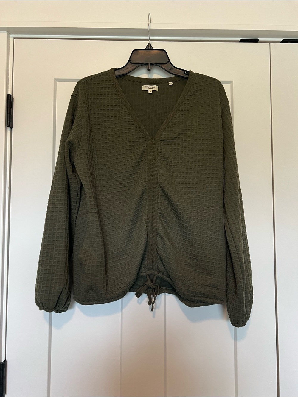 Max Studio Olive V-Neck Waffle Knit Sweater